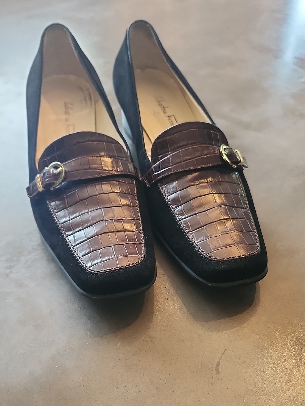 Salvatore Ferragamo Black Suede Loafers with Brown Croc-Embossed Leather